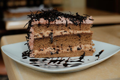 Close-up of chocolate cake on table