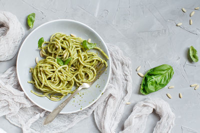 High angle view of pasta in plate on table