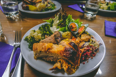 High angle view of meal served on table buffet