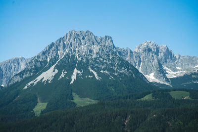 Scenic view of snowcapped mountains against clear sky