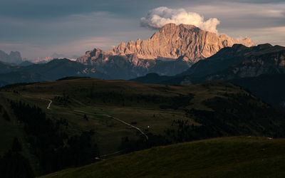 Scenic view of mountains against sky during sunset