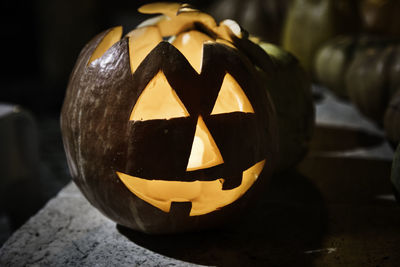 Close-up of illuminated halloween pumpkin