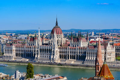 Buildings in city against clear sky