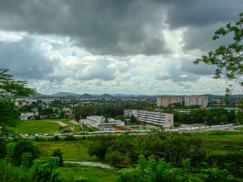 High angle view of townscape against sky