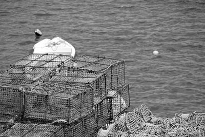 High angle view of crab pots at fishing industry