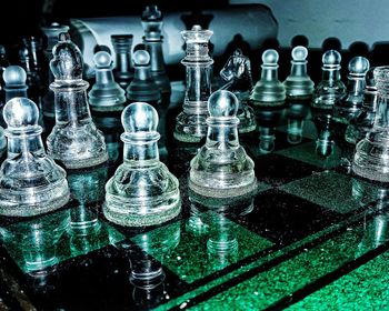 High angle view of chess pieces