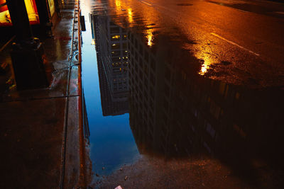 Reflection of buildings in puddle