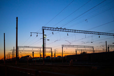 Silhouette electricity pylons against clear sky during sunset
sunset train path city industrial 