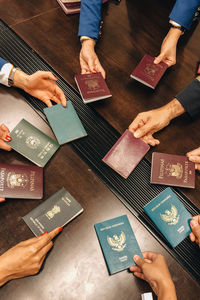 High angle view of people on table