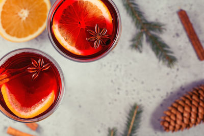 Directly above shot of drinks on table