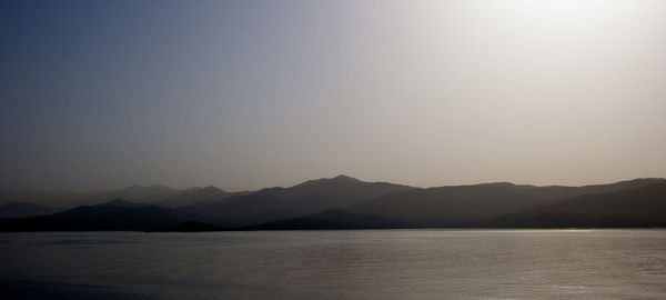 Scenic view of lake and mountains against clear sky