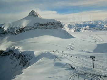 Scenic view of snow covered landscape against sky