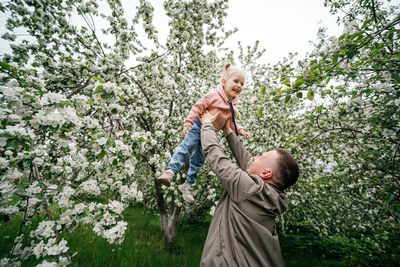 Dad holds a joyful baby daughter in his arms in a garden with a blooming apple tree