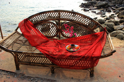 High angle view of wicker basket on table