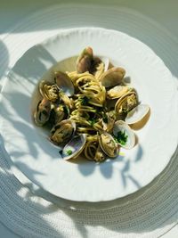 High angle view of food in plate on table