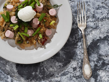 High angle view of food in plate on table