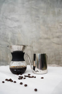 Close-up of coffee cup on table against wall