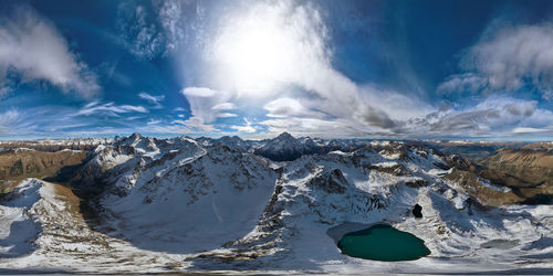 Panorama of mountain snow-covered range with turquoise lake, sunny day with clouds