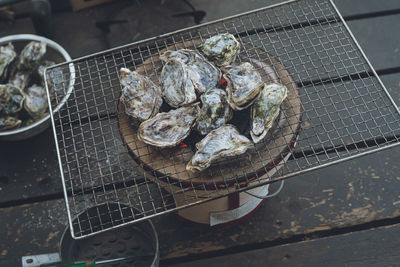 Charcoal-grilled barbecue of raw oysters on the shell in shichirin with charcoal