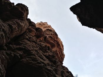 Low angle view of rocky mountains against sky