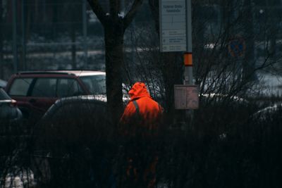 Rear view of man working on snow covered plants during winter