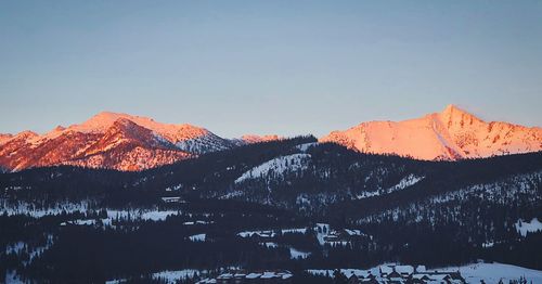 Scenic view of snowcapped mountains against clear sky