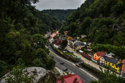 High angle view of trees and buildings in city