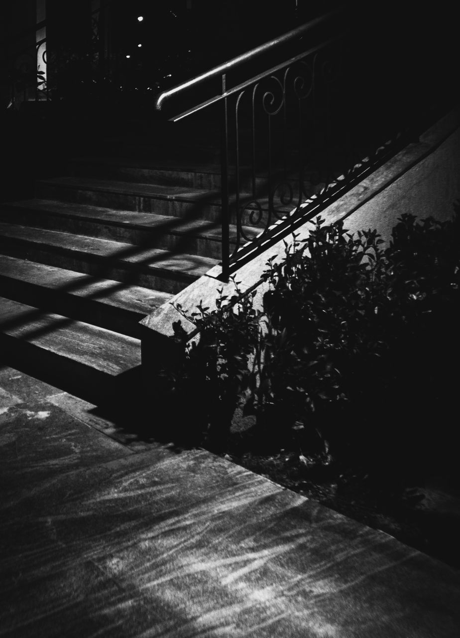 darkness, black, light, white, night, black and white, monochrome, monochrome photography, architecture, built structure, no people, street, city, nature, line, lighting, road, transportation, building exterior, outdoors, staircase, shadow, footpath, reflection, sign, railing