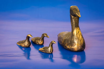 Figurines on blue table