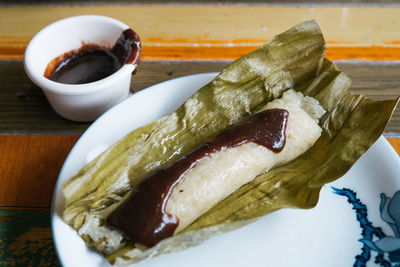 Close-up of meal served on table