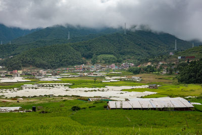 Scenic view of field and buildings against sky