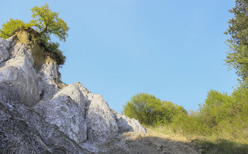 Low angle view of rocks against clear blue sky