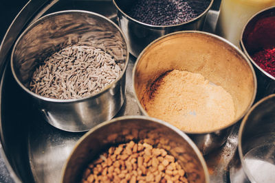 High angle view of spices in container