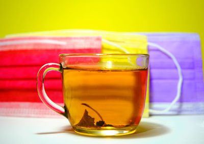 Close-up of tea in glass on table
