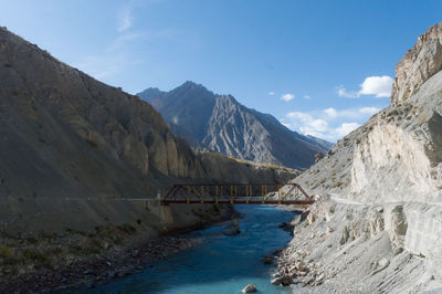 Scenic view of mountains against blue sky