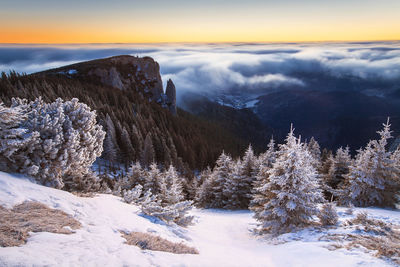 Scenic view of frozen landscape against sky during winter