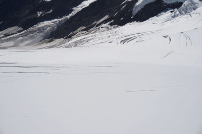 Scenic view of lake by snow mountains