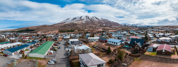 Aerial scenic view of the historic town of husavik