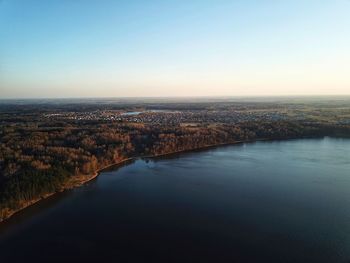 Aerial view of city against clear sky