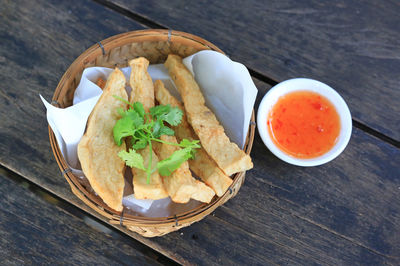 High angle view of food in plate on table