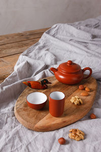 High angle view of breakfast on table