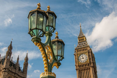 Low angle view of clock tower against sky