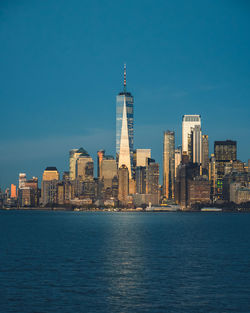 Blue hour view of freedom tower, one world trade center and lower manhattan skyline, new york city