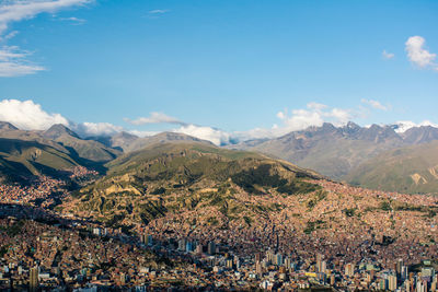 Cityscape against mountains and blue sky