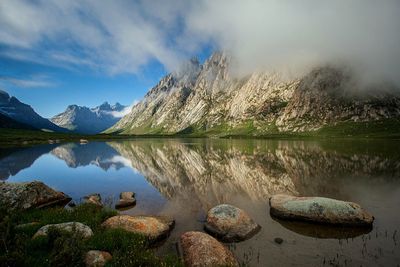 Reflection of clouds in lake water