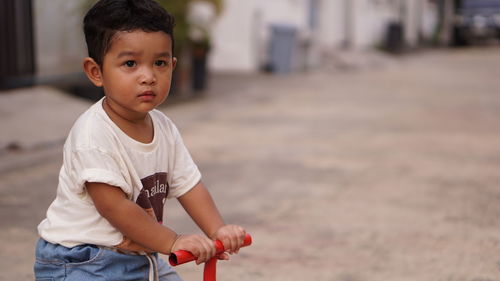 Cute baby boy playing with toy on land