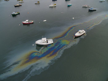 Lobster boats in a maine harbor from above