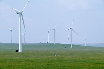 Windmills on field against sky