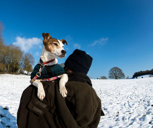 Dog on snowy field against sky during winter