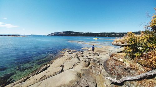 Scenic view of beach against blue sky